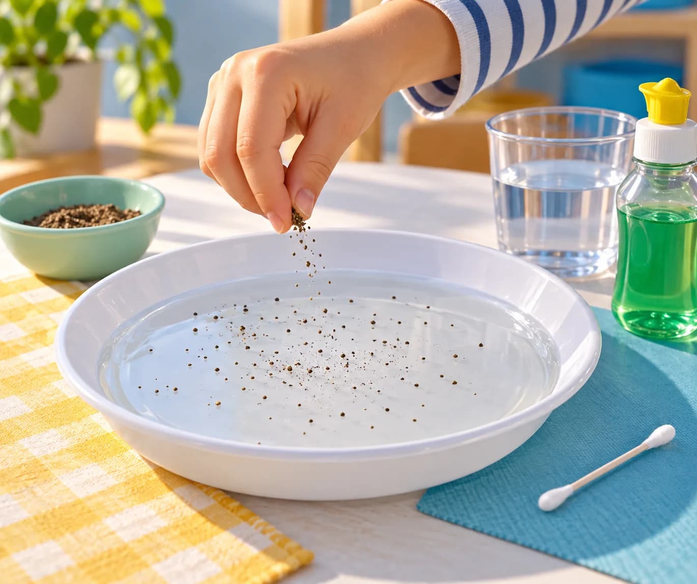 Étape 3 : Répartis doucement la petite pincée de poivre sur l’eau, en gardant les doigts près de la surface. Laisse les grains se déposer sans remuer l’assiette