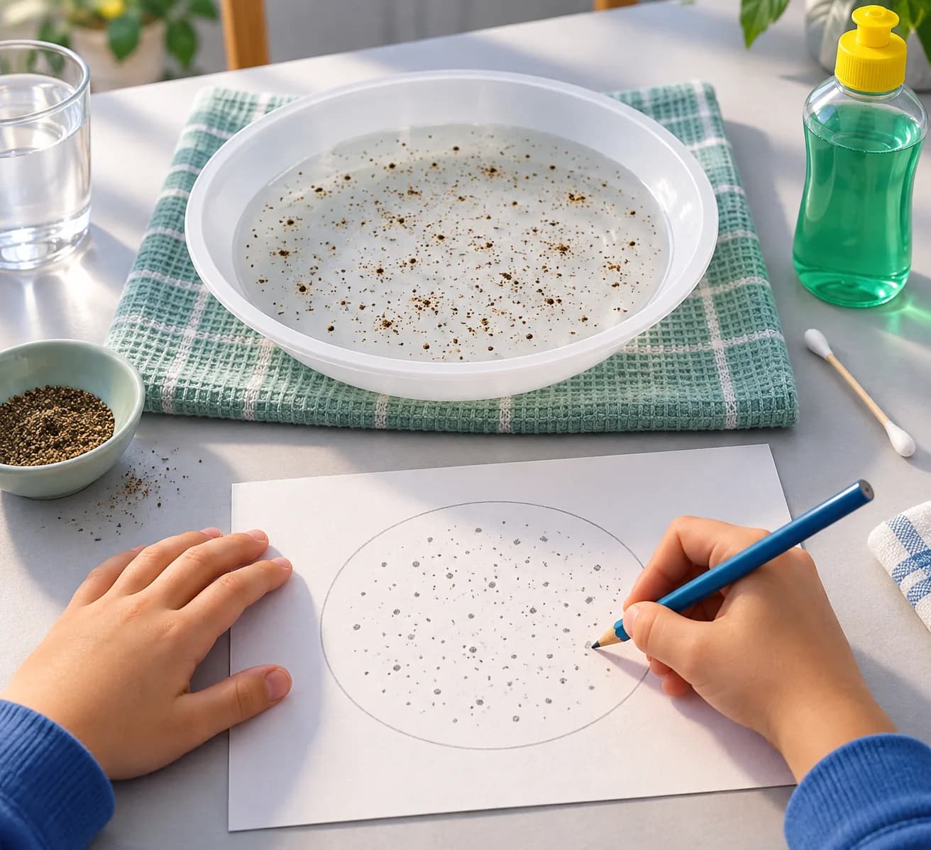Étape 4 : Observe la répartition du poivre et dessine la position des grains avant tout contact avec le coton-tige.