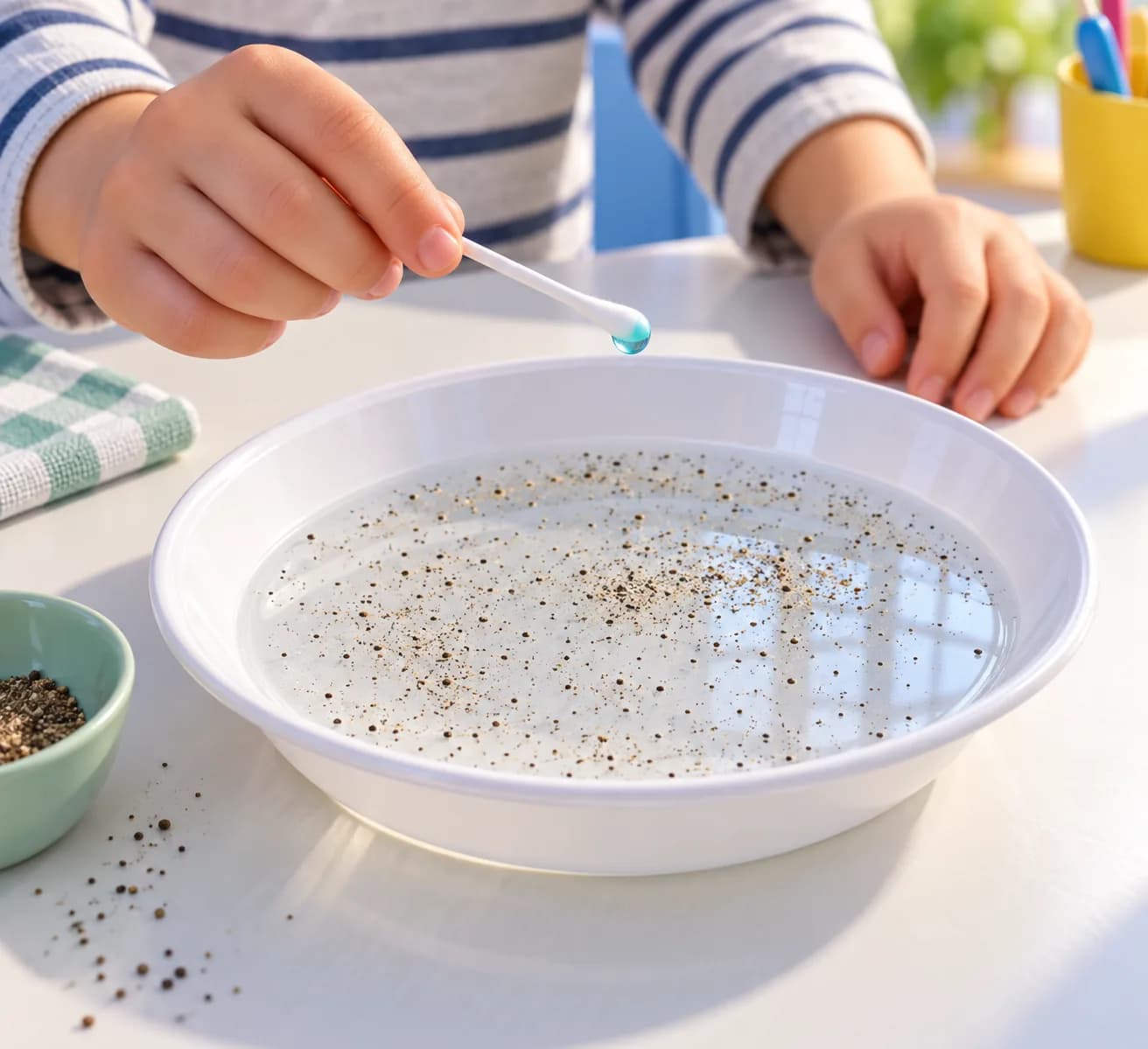 Étape 6 : Dépose une seule goutte de liquide vaisselle sur l’autre extrémité du coton-tige, au-dessus de l’assiette. Garde cette extrémité hors de l’eau jusqu’à