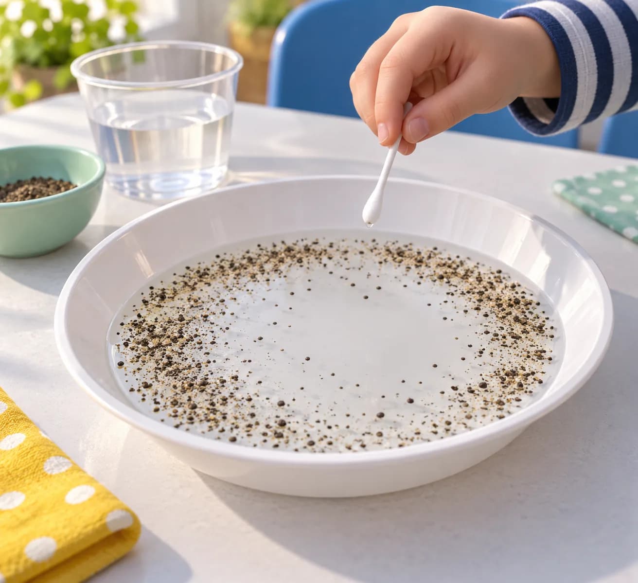 Étape 7 : Touche le centre de la surface avec l’extrémité portant la goutte, sans l’enfoncer ni remuer. Retire le coton-tige et regarde immédiatement le déplace