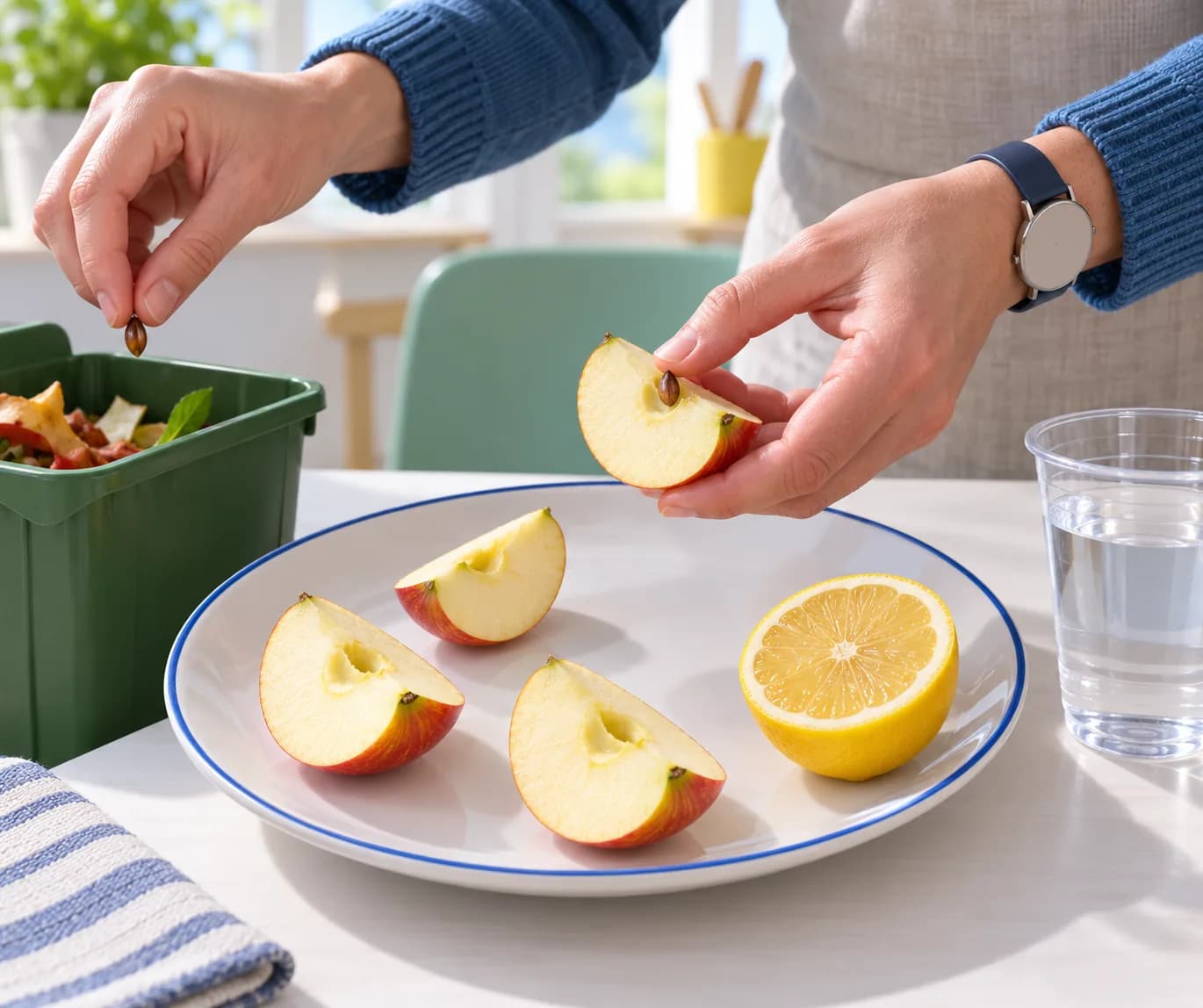 Étape 2 : L'adulte coupe la pomme en quatre quartiers de taille aussi proche que possible et coupe le citron en deux. Il retire les pépins de la pomme et les pé