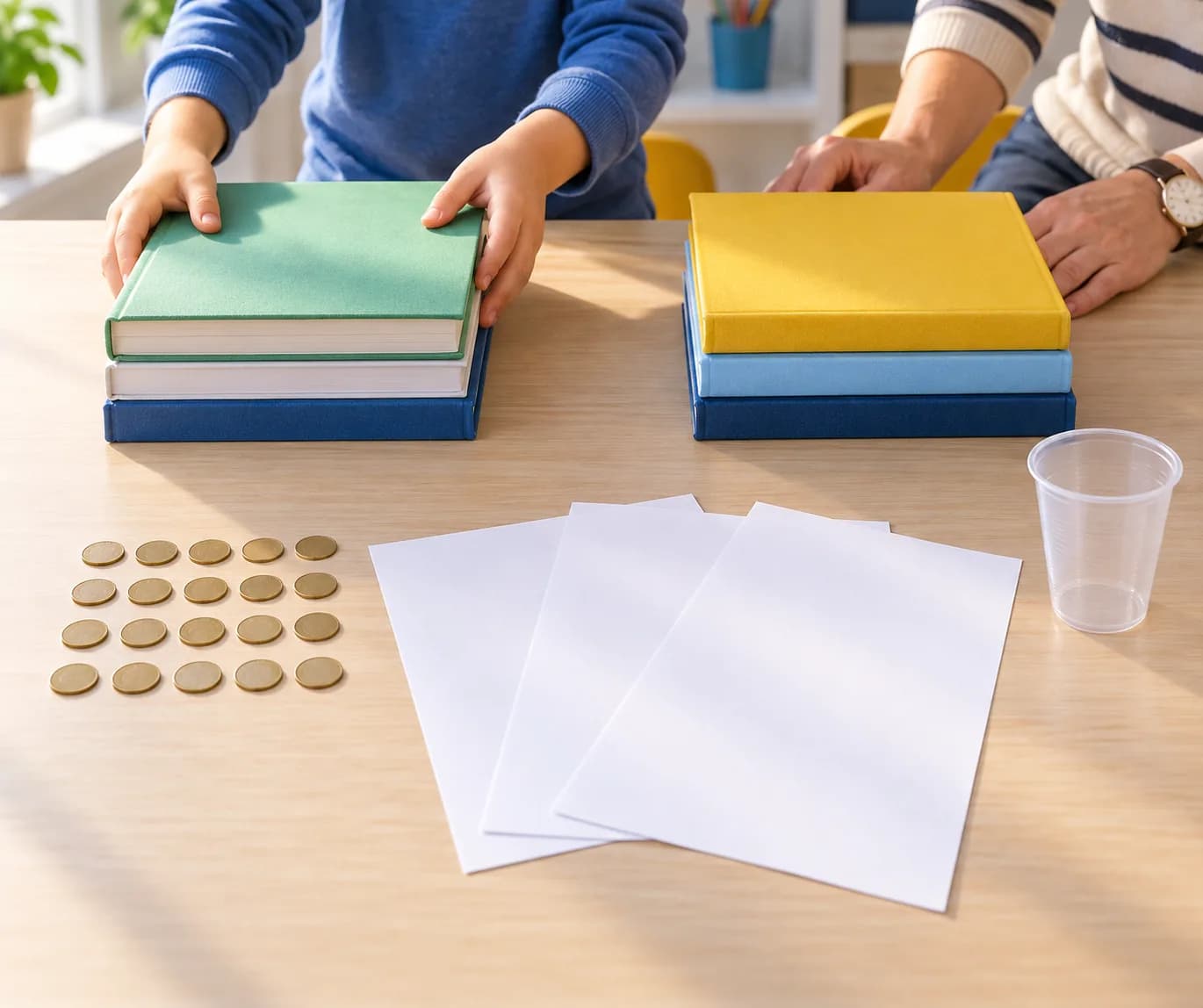 Étape 1 : Installe les deux piles de livres sur une table dégagée, avec un espace de 20 cm entre leurs bords. Place les 20 pièces à côté et compte-les avec l’ad
