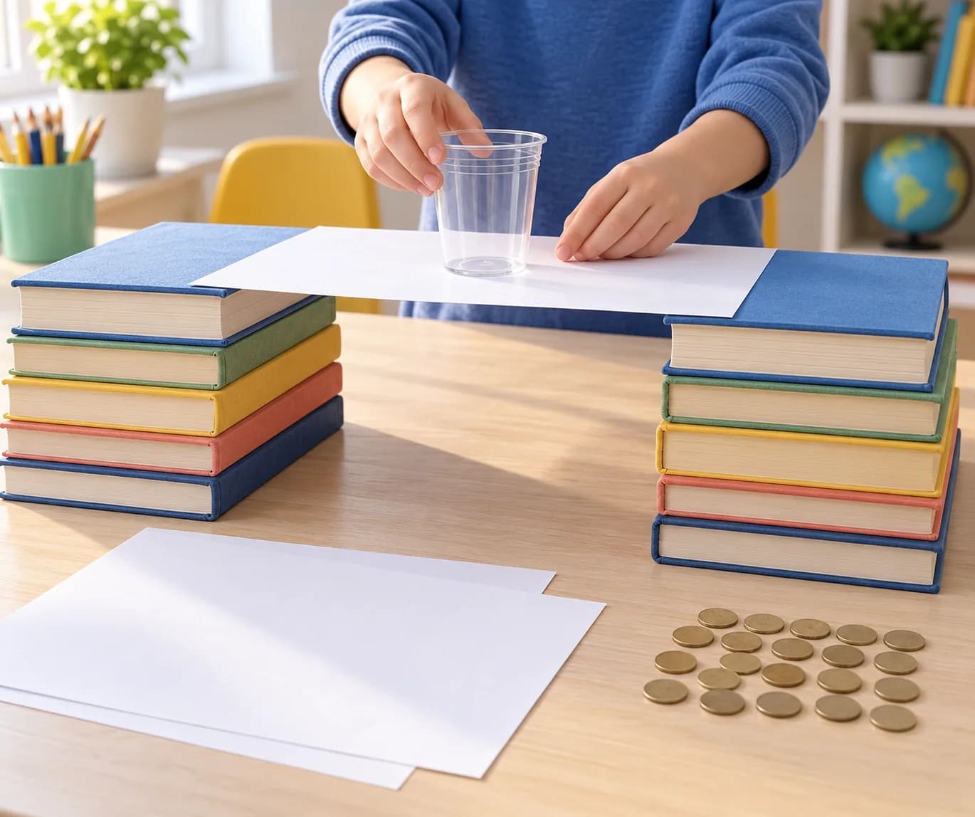 Étape 2 : Pose une feuille à plat sur les deux piles : son grand côté traverse l’espace entre les livres. Centre-la pour qu’elle repose autant sur chaque pile,