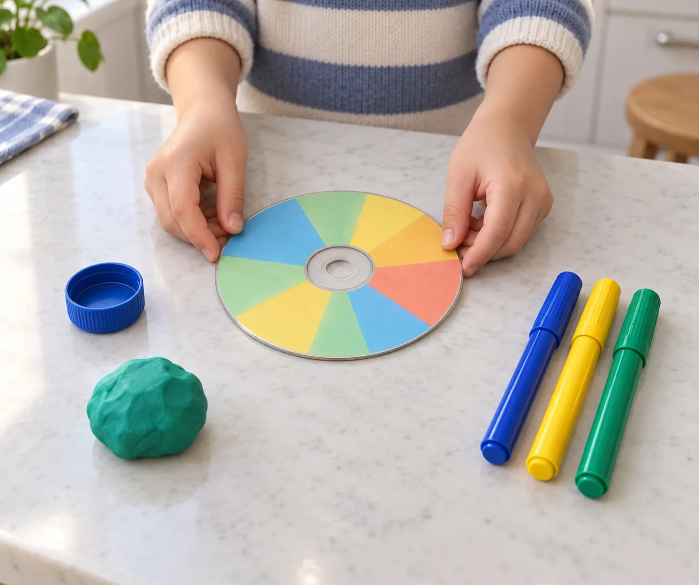 Étape 1 : Installe le matériel au centre d’une table lisse, stable et dégagée, sous un éclairage ambiant. Pose le CD avec sa face imprimée vers le haut.