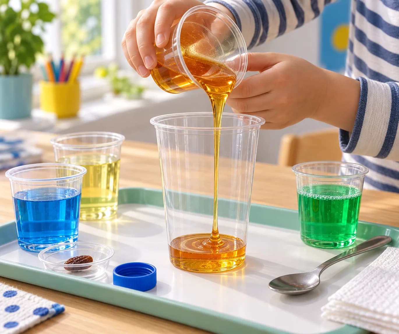 Étape 2 : Verse les 5 cl de miel ou de sirop dans le fond du gobelet. Laisse le liquide s’étaler avant de poursuivre.