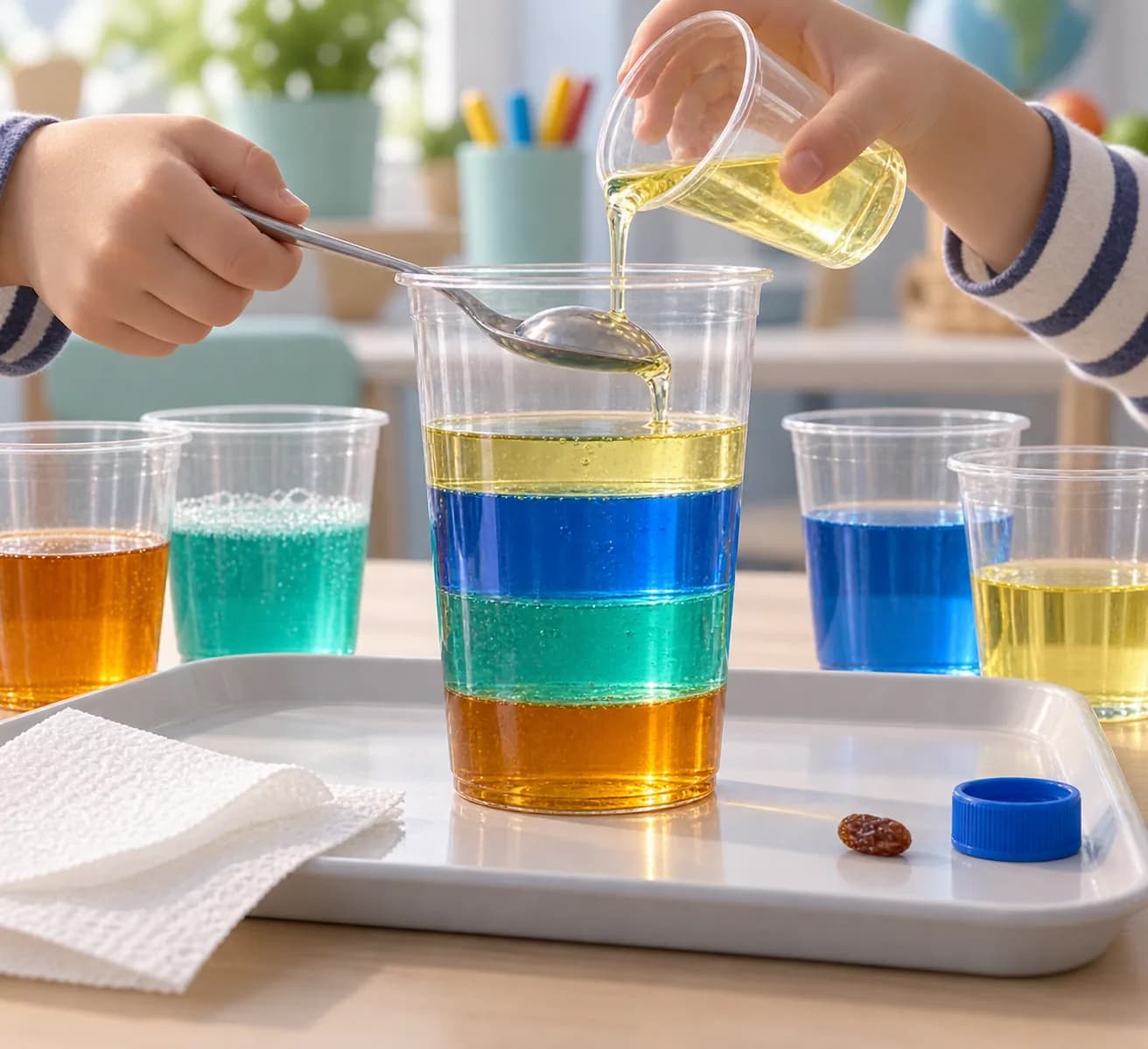 Étape 5 : Essuie encore la cuillère et place-la juste au-dessus de l’eau. Verse doucement les 5 cl d’huile sur son dos, puis retire la cuillère sans remuer.