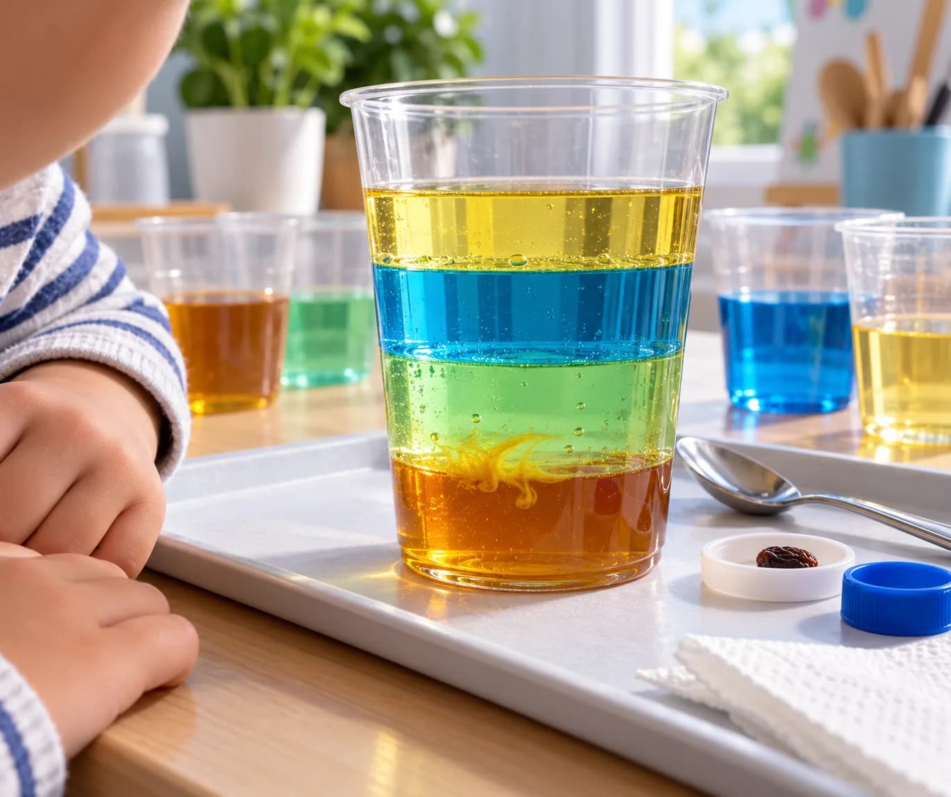 Étape 6 : Regarde le gobelet de côté, les yeux à la hauteur des couches. Observe les limites entre les liquides juste après le versement, puis après 5 minutes e