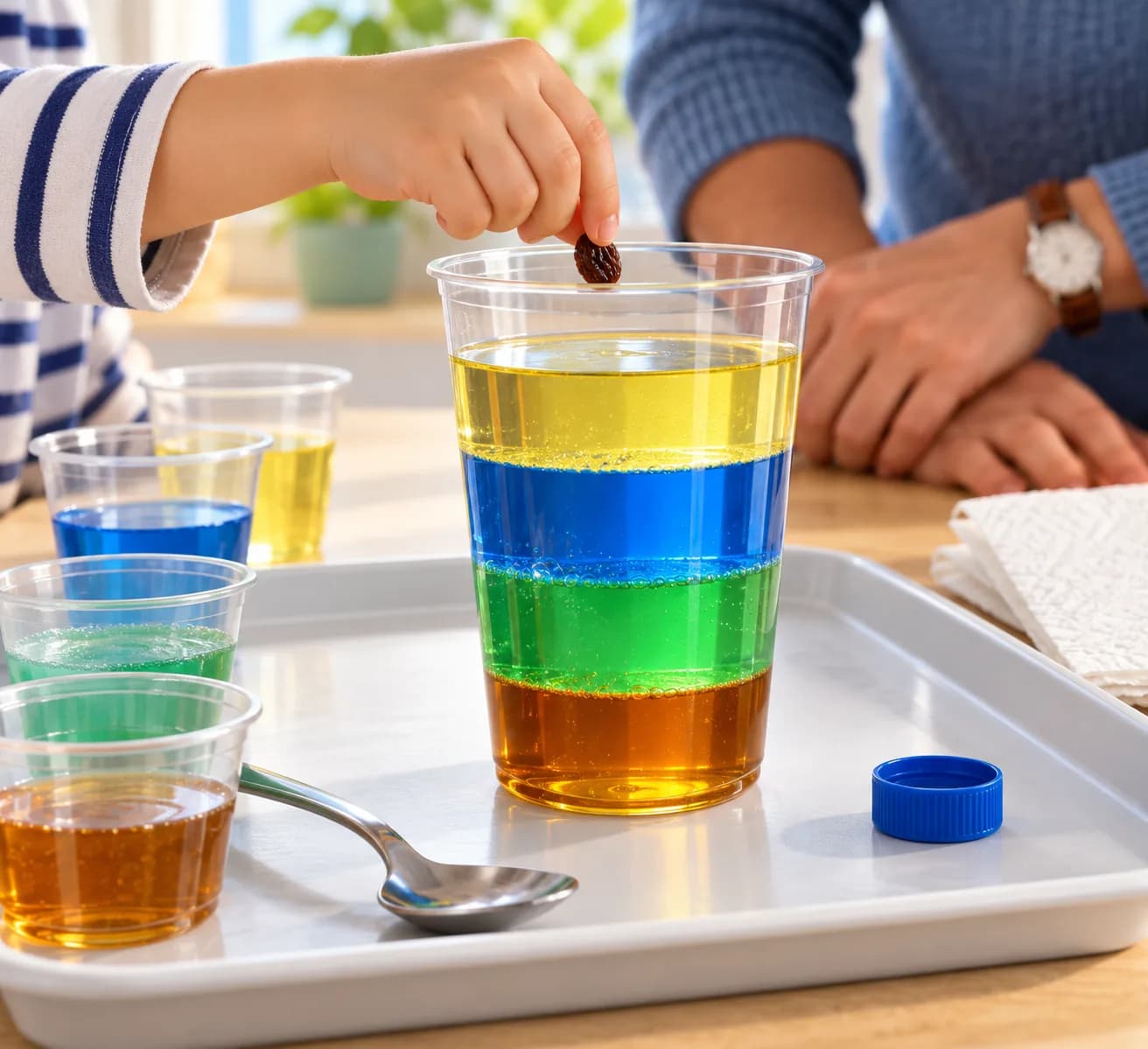 Étape 7 : Si tu utilises les objets facultatifs, dépose le raisin sec à la surface, tout près du liquide, puis observe son trajet. Dépose ensuite le bouchon de
