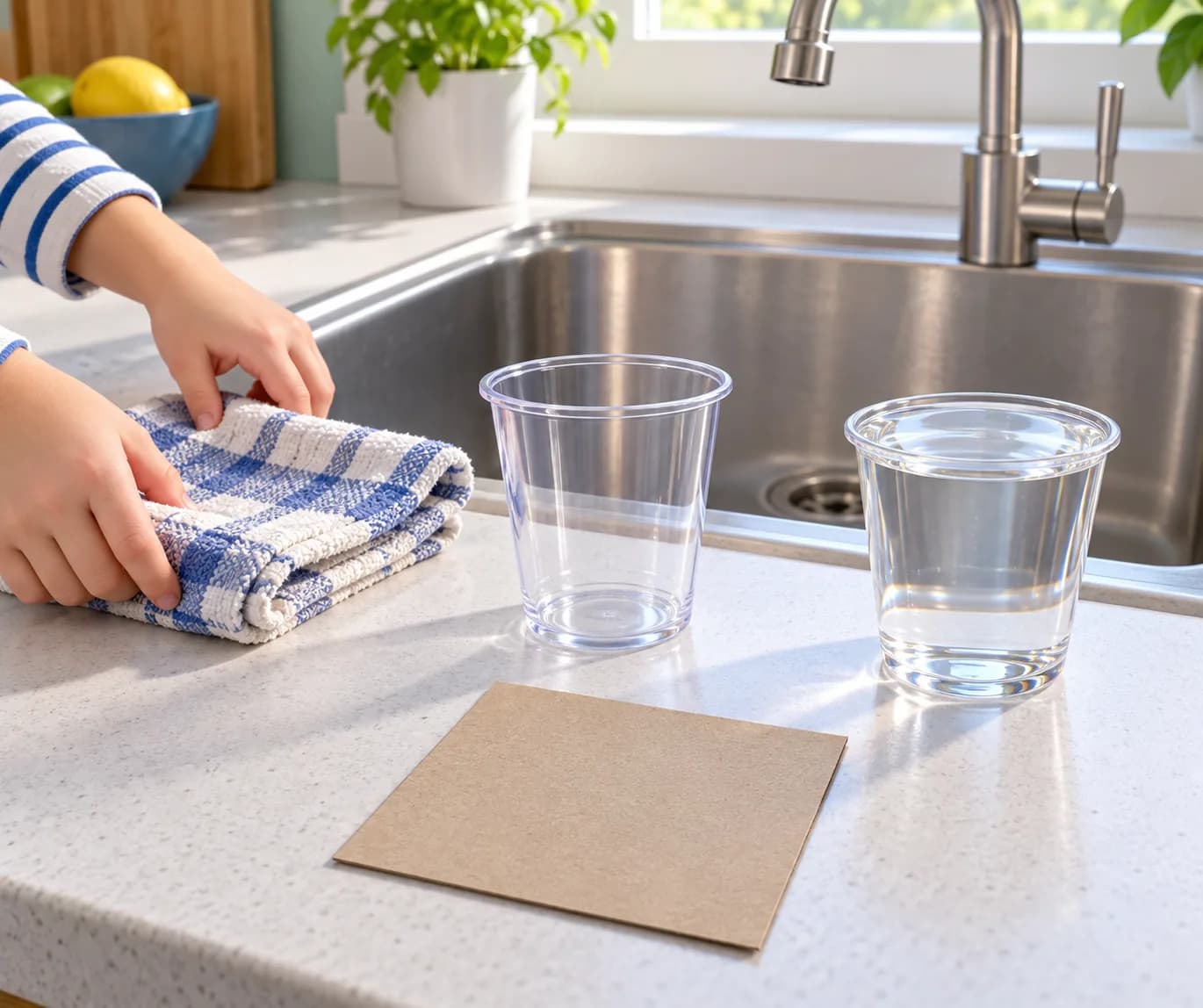Étape 1 : Installe-toi devant l'évier dégagé, ou devant une bassine posée bien à plat. Place le torchon à portée de main et le carton sur une surface sèche.
