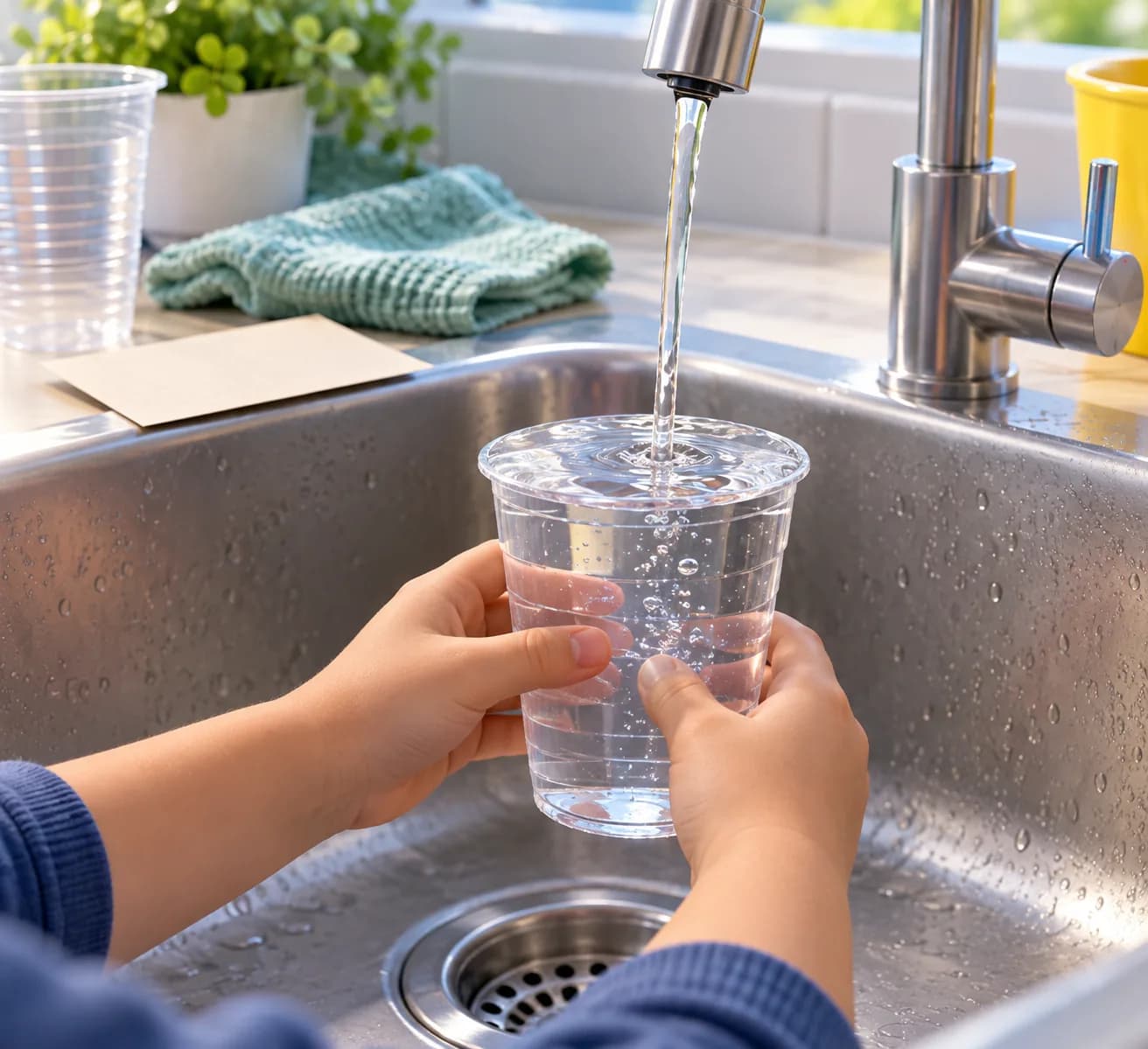 Étape 2 : Tiens le gobelet au-dessus de l'évier ou de la bassine. Remplis-le doucement d'eau à température ambiante jusqu'à ras bord.