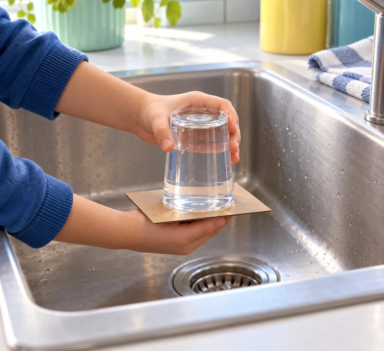 Étape 7 : Replace une main sous le carton et maintiens-le contre l'ouverture. Remets doucement le gobelet à l'endroit, puis enlève le carton et vide l'eau dans