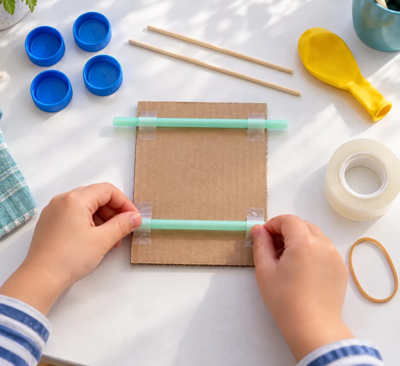 Étape 3 : Pose le carton avec sa longueur de 15 cm devant toi et place les deux pailles en travers, sous le carton, près de ses deux extrémités. Fixe-les avec d