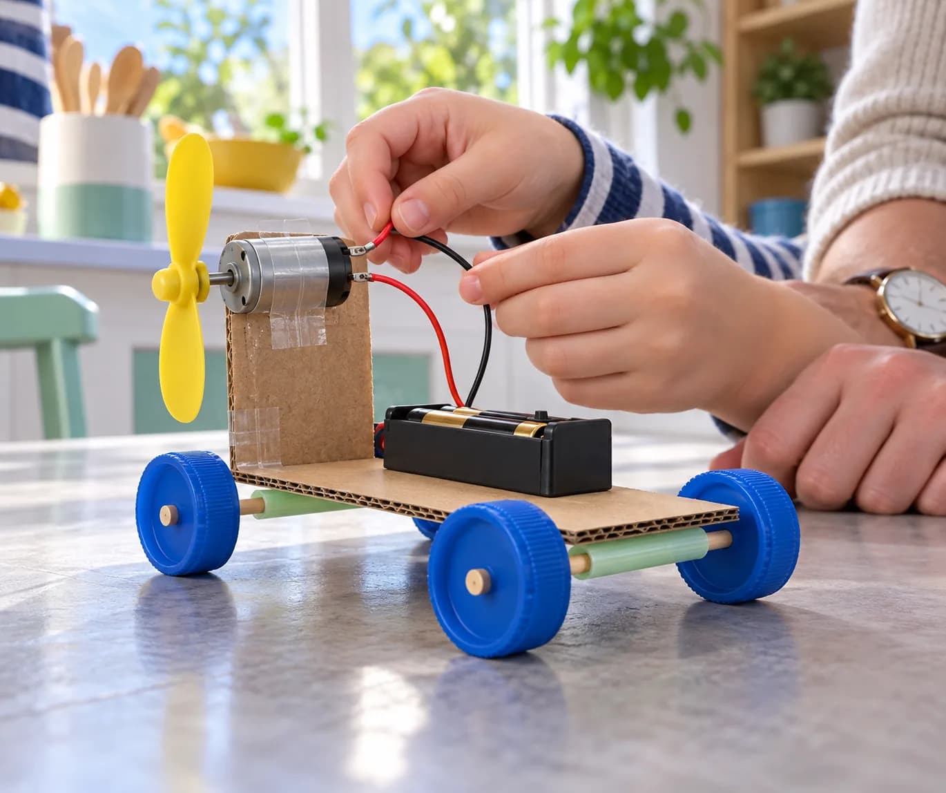 Étape 10 : Si la voiture recule, laisse l’interrupteur sur arrêt et inverse les deux connexions du moteur, puis refixe les fils. Repose la voiture au sol et effe