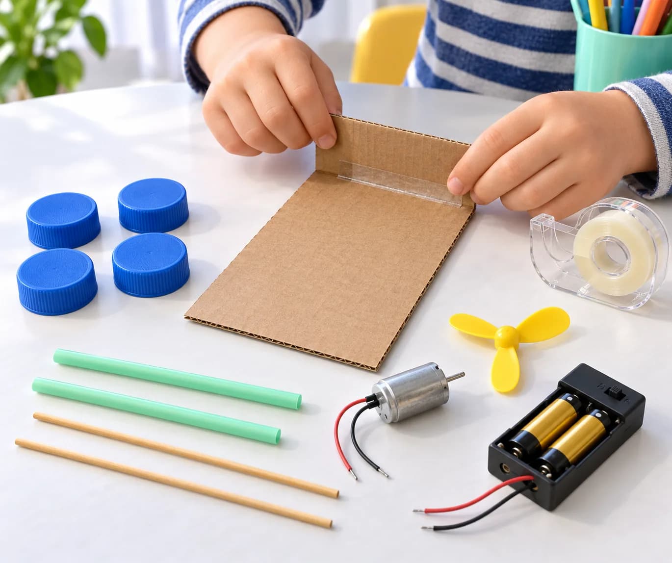 Étape 2 : Pose le carton sur la table et replie une bande de 4 cm à l’une de ses extrémités courtes pour former un rebord vertical. Renforce le pli avec du ruba