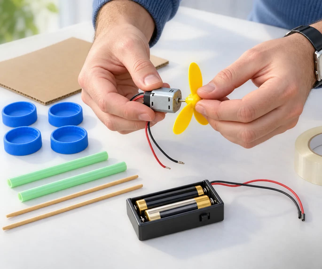 Étape 6 : L’adulte fixe l’hélice adaptée sur l’axe du moteur, en suivant son mode de fixation. Le moteur reste déconnecté du boîtier pendant cette manipulation.