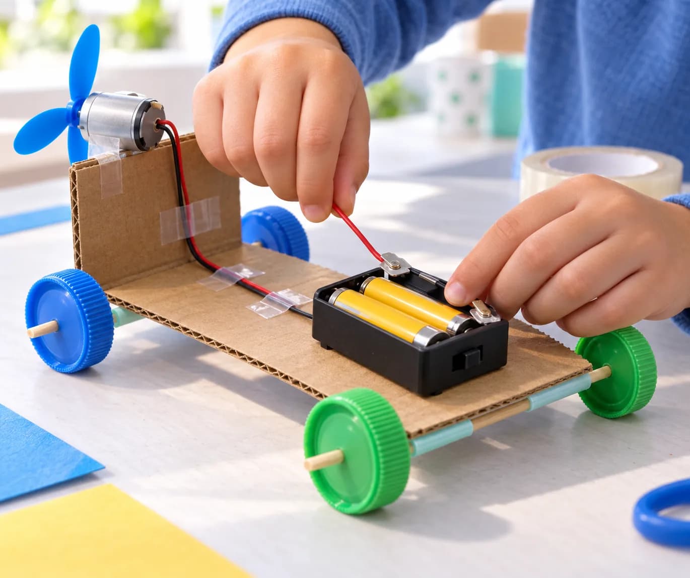 Étape 8 : Fixe le boîtier sur la partie plate du carton, entre les deux axes des roues, plutôt vers l’avant pour équilibrer le poids du moteur, avec l’interrupt