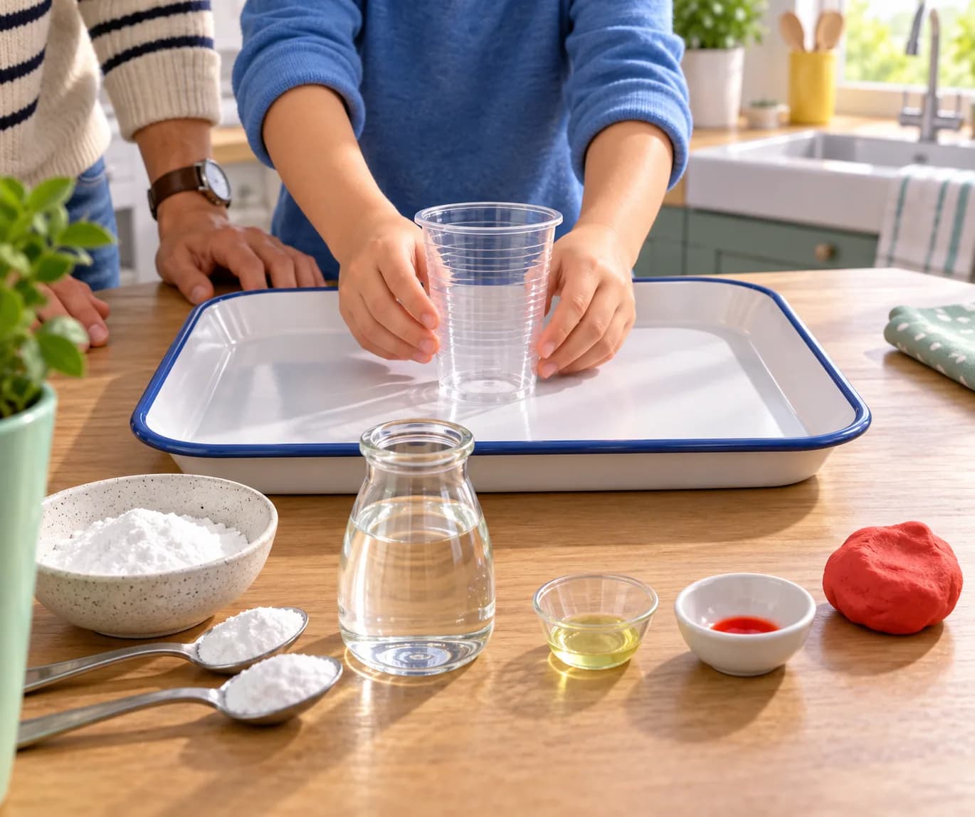 Étape 1 : Installe le plateau sur une table stable, près de l’évier, avec l’adulte dans la pièce. Pose le gobelet au centre et vérifie avec l’adulte les quantit