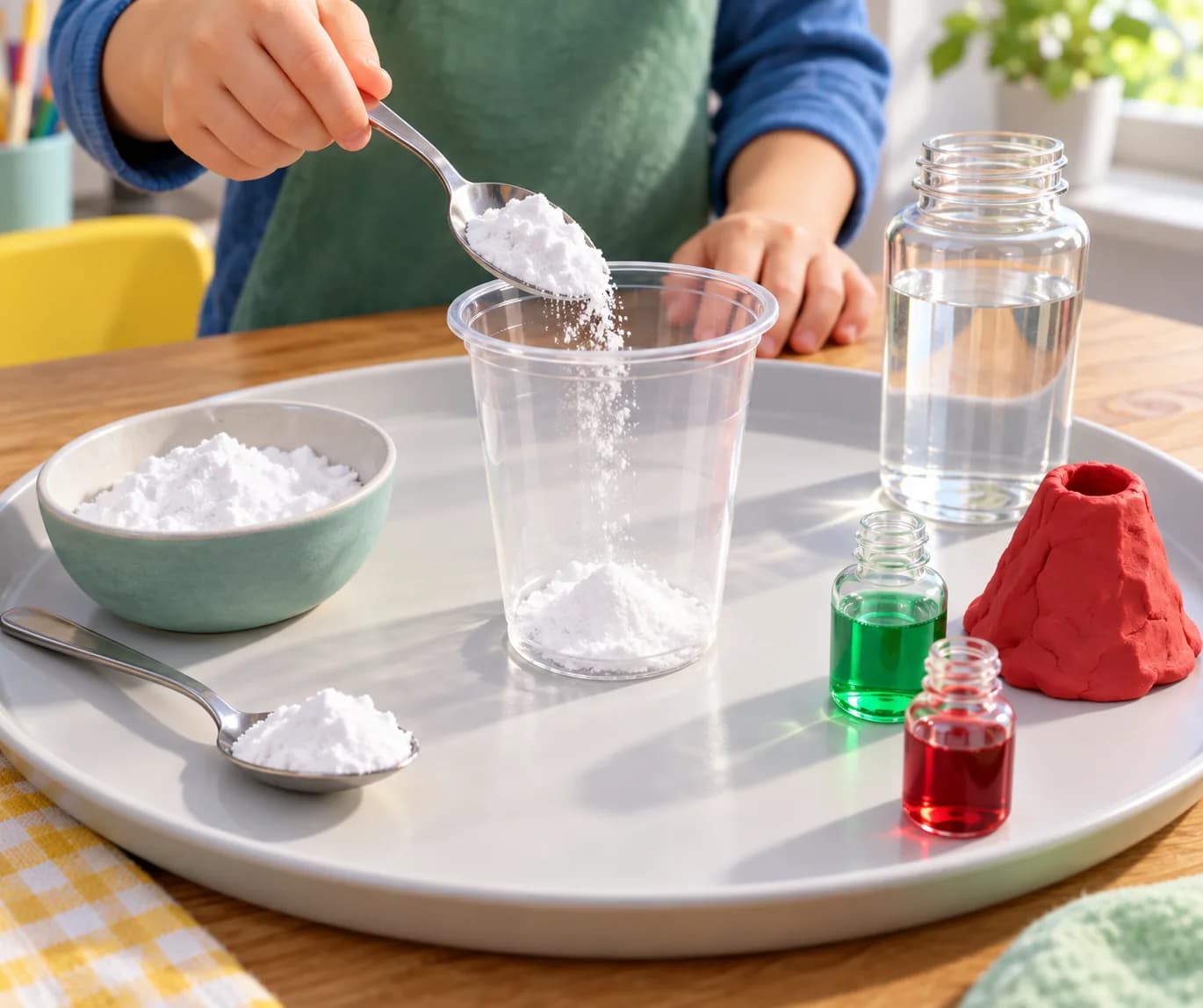 Étape 3 : Dépose les 2 cuillères à soupe de bicarbonate de soude alimentaire dans le gobelet.