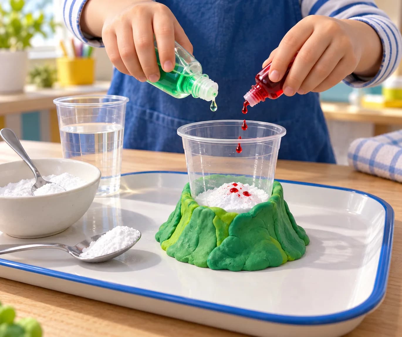 Étape 4 : Ajoute 1 goutte de liquide vaisselle puis 3 gouttes de colorant alimentaire rouge sur la poudre.