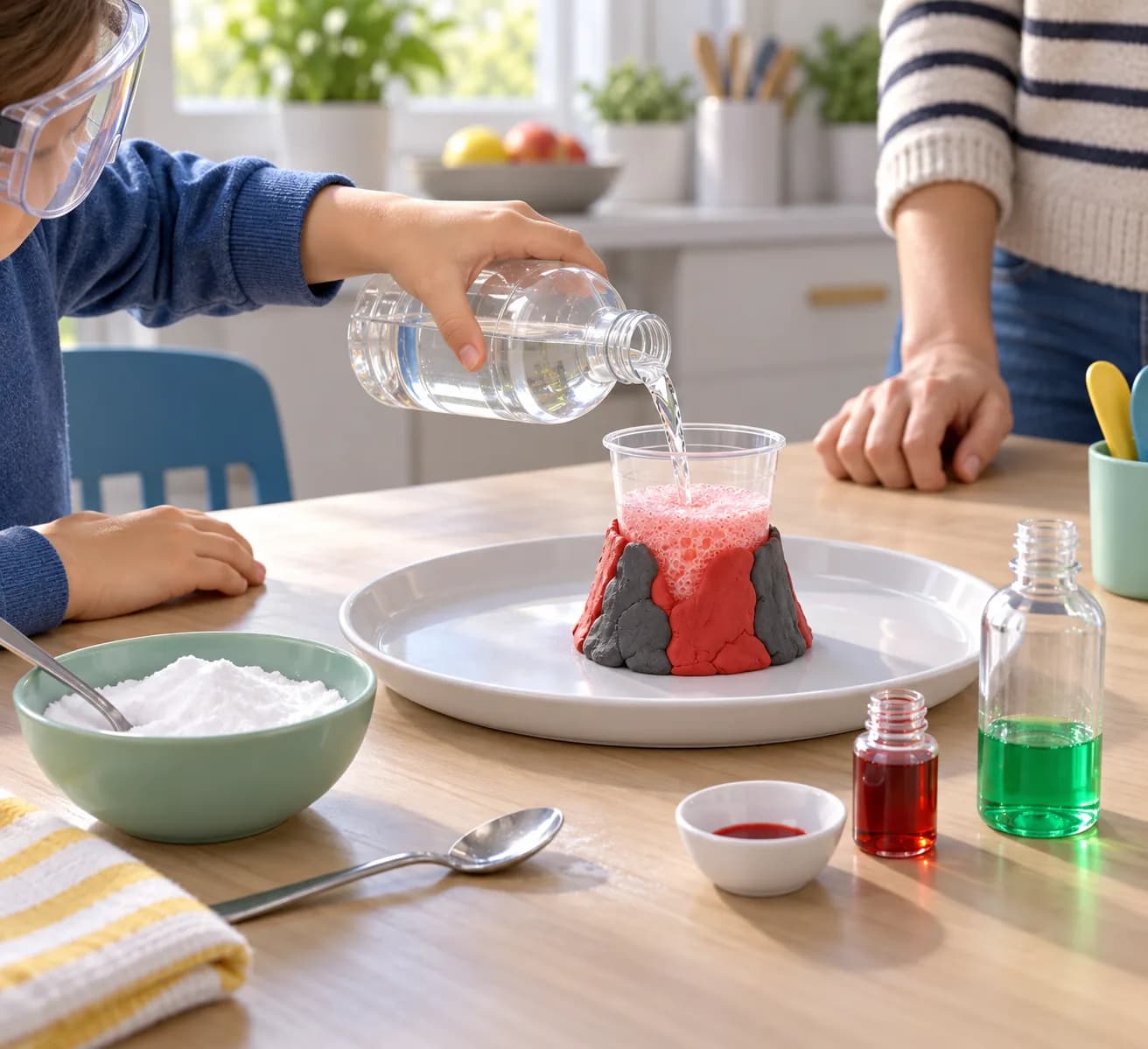 Étape 5 : Place-toi sur le côté, avec le visage éloigné de l’ouverture, puis verse doucement les 10 cl de vinaigre alimentaire dans le gobelet. Laisse le gobele